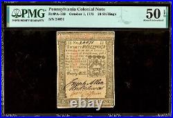 10/1/1773 Pennsylvania Colonial Note 20 Shilling PMG AU50 EPQ Fr#169 Bold Ink