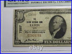 $10 1929 Eaton Ohio OH National Currency Bank Note Bill Charter #7557 VF20 PMG