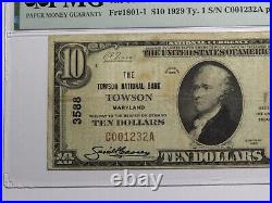 $10 1929 Towson Maryland MD National Currency Bank Note Bill Ch. #3588 VF20 PMG