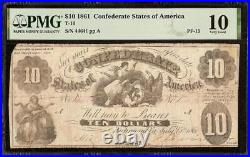 1861 $10 Confederate States Currency CIVIL War Note Money T-10 Pf-15 R10 Pmg 10