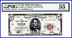 1929 $5 PHILADELPHIA PA Federal Reserve Bank Note Brown National Currency PMG 55