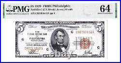 1929 $5 PHILADELPHIA PA Federal Reserve Bank Note Brown National Currency PMG 64