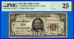 1929 $50 National Currency PMG 25 Federal Reserve Bbank Note Dallas Fr 1880-K