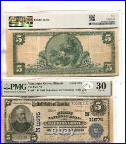 1929 Waddams Grove Illinois $5 First National Bank Currency Note Pmg 30 Rare