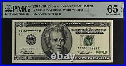 1996 $20 Federal Reserve Note PMG 65EPQ near solid lucky serial number 00777777