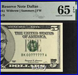 1999 $5 Federal Reserve Note PMG 65EPQ near solid lucky serial number 00777777