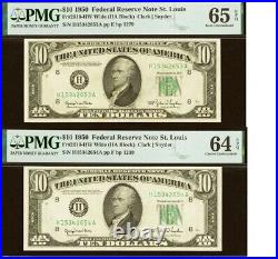 2 Consecutive 1950 $10 Federal Reserve Note PMG 65EPQ Wide St Louis Fr 2010-HW