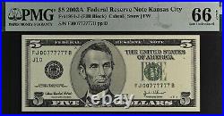 2003A $5 Federal Reserve Note PMG 66EPQ near solid lucky serial number 00777777