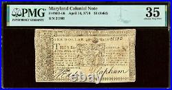 4/10/1774 Maryland Colonial Note $1 PMG Choice VF35 Fr#66 Fancy Large Signatures