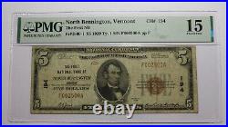 $5 1929 North Bennington Vermont National Currency Bank Note Bill #194 F15 PMG