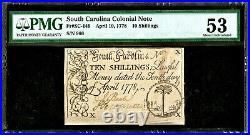 April 10, 1778 South Carolina Colonial Note 10 Shilling PMG AU53 Palm Tree Type