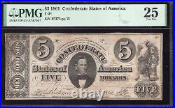 T-34 1861 $5 CONFEDERATE CURRENCY PMG 25 comment CIVIL WAR NOTE 25373-FZ