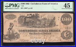 T-39 1862 $100 CONFEDERATE CURRENCY TRAIN NOTE PMG 45 comment CIVIL WAR 19957