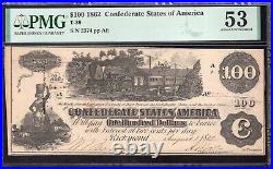 T-39 1862 $100 Confederate Currency TRAIN NOTE PMG 53 2374-FZ