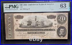 T-67 $20 1864 Confederate States Currency Banknote Civil War Confederacy PMG 63