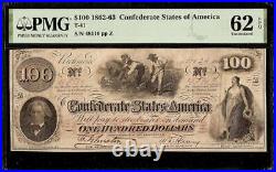 Unc 1862 $100 Bill Confederate States Currency CIVIL War Hoer Note T-41 Pmg 62